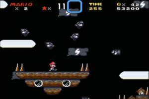 Mario is on an airship armada. Bullet bills fire on a stormy night.